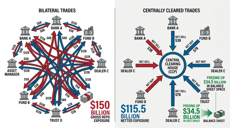 Central clearing allows dealers to net offsetting repo positions, mathematically shrinking their gross exposure and relieving leverage ratio pressure.