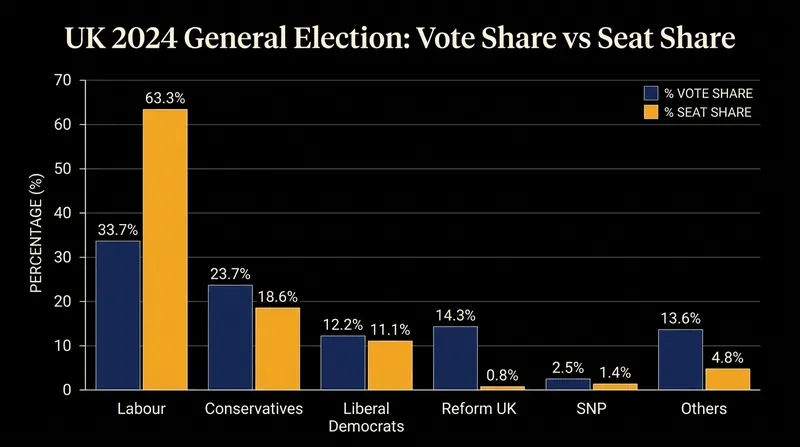 The UK 2024 election delivered a 63 percent seat majority on a 33.7 percent vote share.