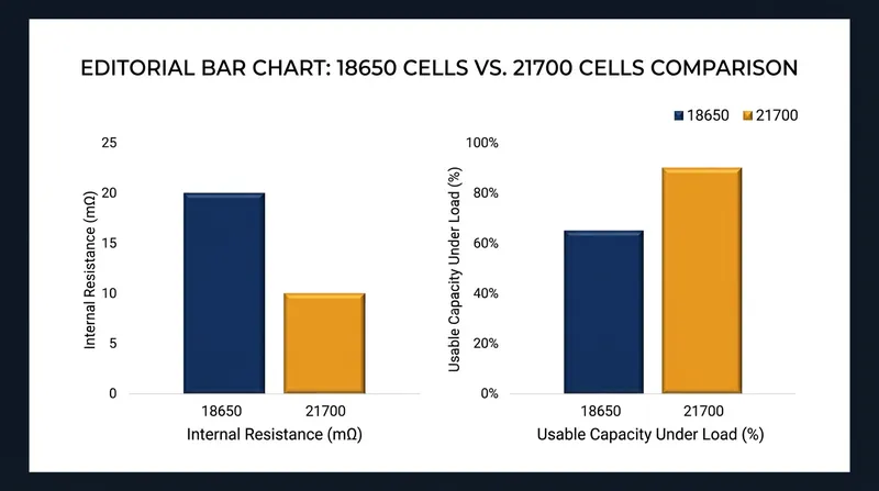 Larger 21700 cells cut internal resistance in half, allowing tools to access much more of the stored charge.