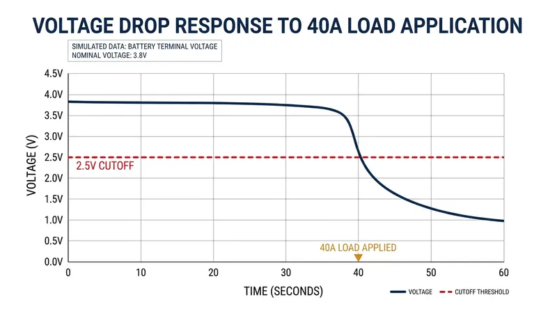 Under a 40-amp load, internal resistance causes the measured voltage to plummet temporarily.