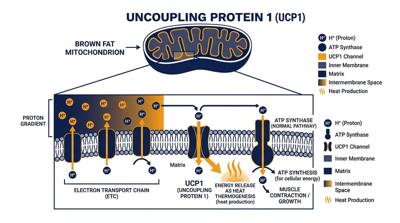 UCP1 allows protons to bypass ATP production, dissipating cellular energy entirely as heat.