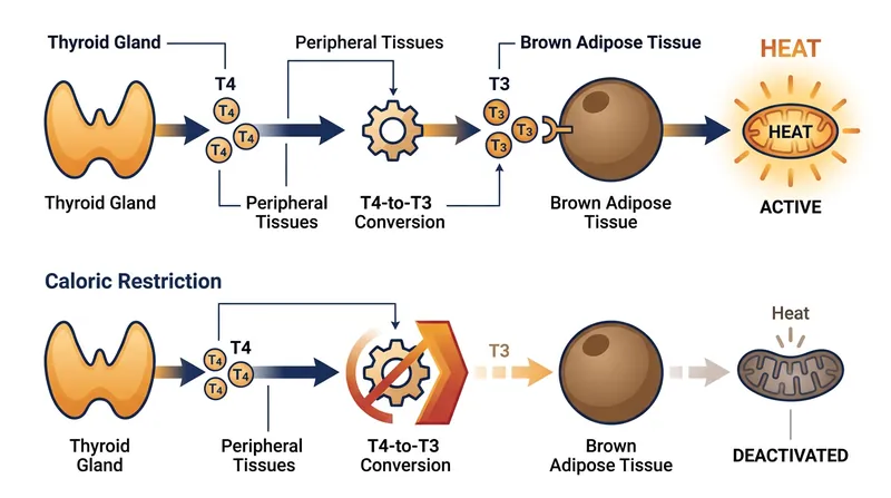 Caloric restriction halts the peripheral conversion of thyroxine (T4) into the active triiodothyronine (T3) required for thermogenesis.