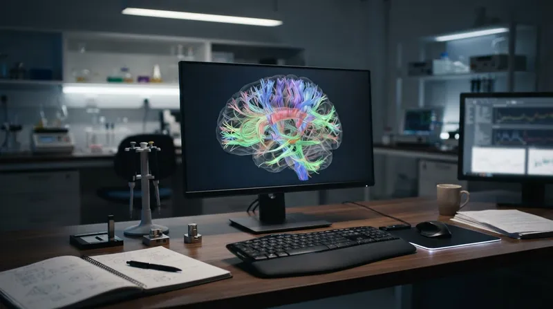 A neurosurgeon looks at a glowing 3D tractography map of a human brain on a monitor.