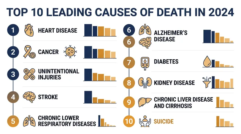 The ten leading causes of death accounted for over 70 percent of all U.S. mortality.