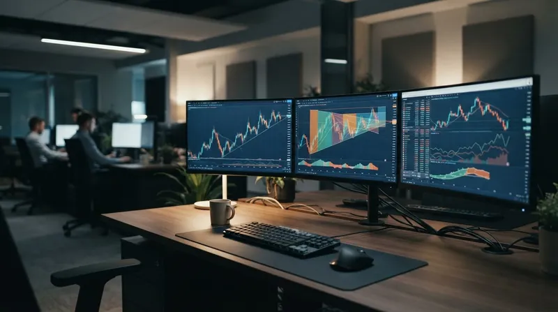 A dark room filled with glowing computer monitors displaying complex financial charts and currency exchange data.