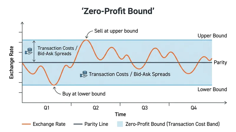 Exchange rates can drift from absolute parity as long as the deviation remains smaller than the transaction costs.