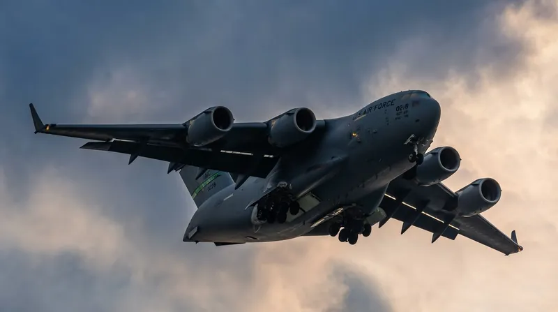 A Boeing C-17 Globemaster III aircraft descending with its massive externally blown flaps fully deployed.