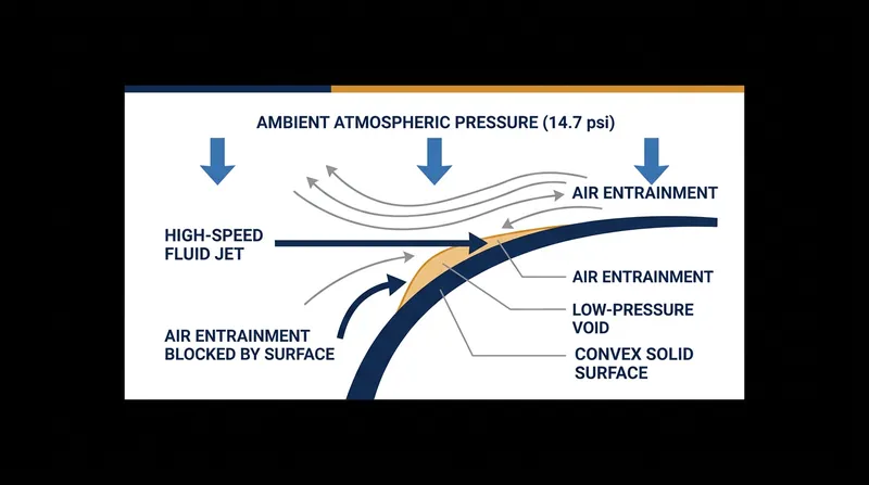 The solid surface starves the jet of entrained air, allowing the 14.7 psi atmosphere to crush the flow against the curve.