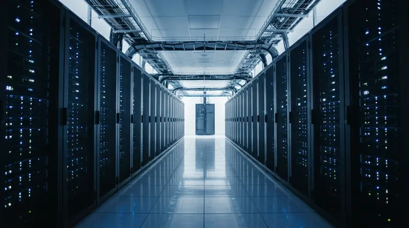 A brightly lit row of modern computer server racks inside a large industrial data center.