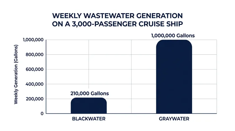 A standard large cruise ship generates up to 210,000 gallons of blackwater during a seven-day voyage.