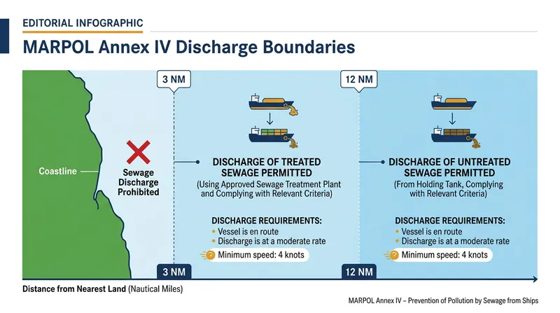 MARPOL Annex IV establishes strict geographic boundaries for the discharge of comminuted and untreated blackwater.