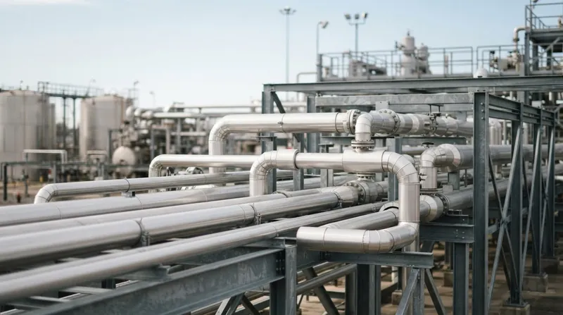 A frost-covered cryogenic pipeline running through an industrial liquefied natural gas facility.