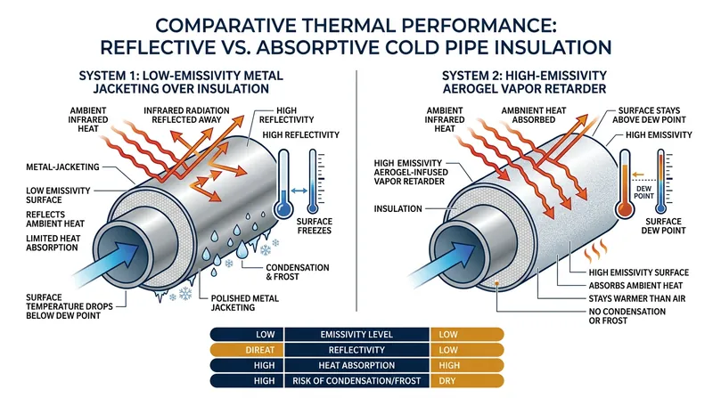 A high-emissivity surface actively absorbs ambient infrared heat, keeping the insulation jacket above the dew point.
