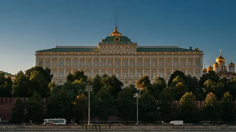 The exterior walls and towers of the Kremlin in Moscow under an overcast sky.