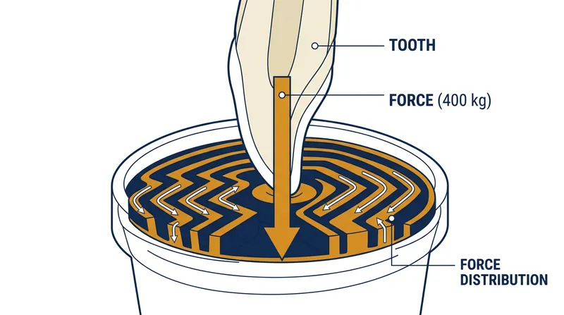 The labyrinth baffle converts vertical bite pressure into a horizontal friction lock.