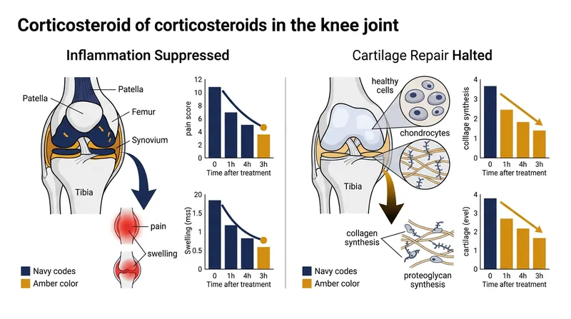 Corticosteroids bind to receptors that suppress inflammation while simultaneously downregulating the synthesis of essential cartilage proteins.