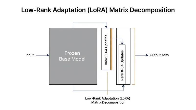 LoRA adapters project massive parameter spaces into smaller, low-rank matrices to train specific skills efficiently.
