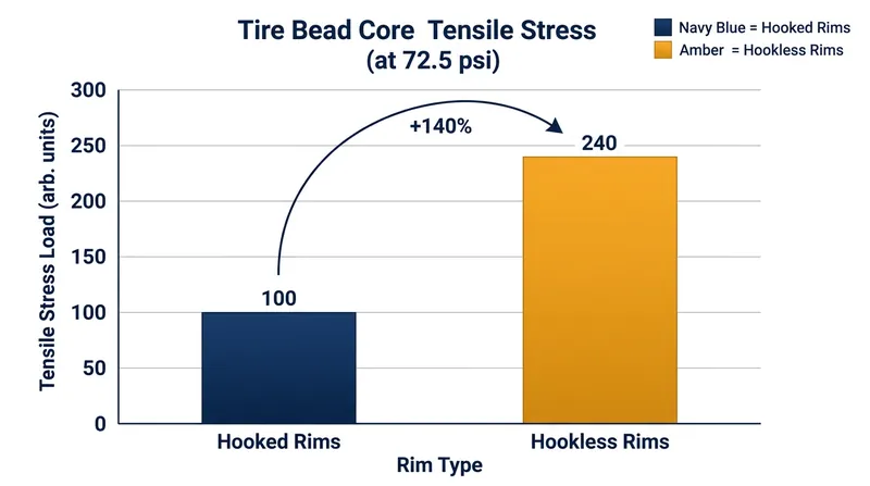 Hookless tire beads must sustain significantly higher continuous tensile stress, as they lack a mechanical lip to share the pneumatic load.