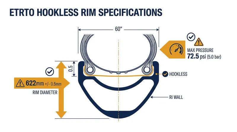 The ETRTO strictly caps hookless tire pressure at 72.5 psi to prevent the bead from stretching over the straight sidewall.