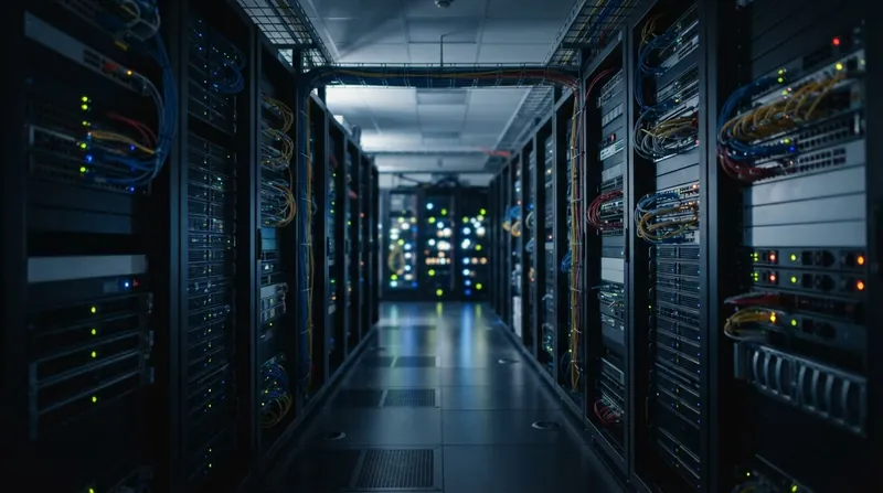 A long row of black server racks in a modern data center illuminated by blue lights.