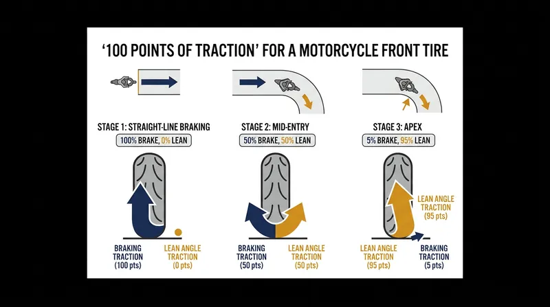 As lean angle increases, the rider must trade braking traction for cornering traction.