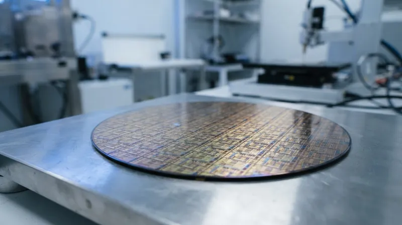 A close-up view of a modern semiconductor memory chip resting on a silicon wafer.