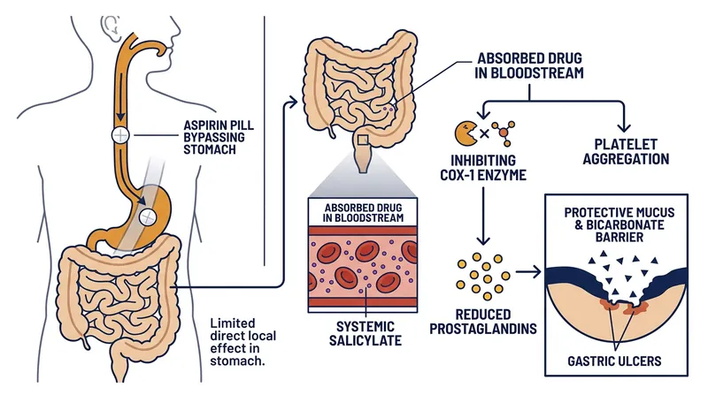 Aspirin causes gastric bleeding systemically through the bloodstream, rendering the pill's physical location in the digestive tract irrelevant.