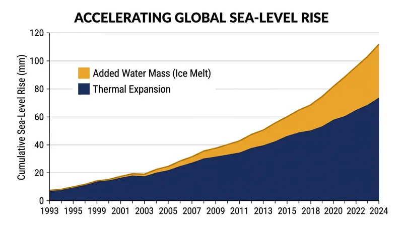 Satellite altimetry data reveals a sharp acceleration in sea-level rise, driven primarily by an increase in continental ice runoff.