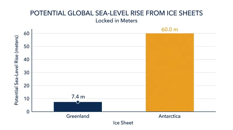 While thermal expansion is measured in millimeters, the world's ice sheets hold enough potential energy to raise sea levels by dozens of meters.