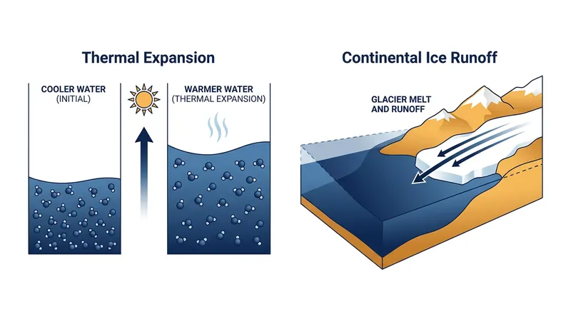 The global sea-level budget is driven by the physical expansion of warming seawater and the addition of new mass from melting land ice.