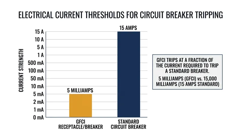 GFCIs are designed to trip at just 5 milliamperes—a fraction of the current required to trip a standard breaker.