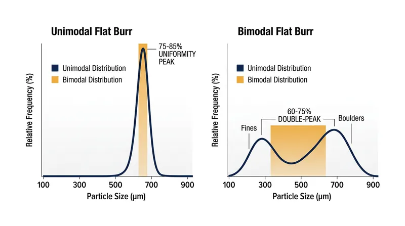 Bimodal distributions feature a secondary spike of microscopic fines that unimodal burrs actively suppress.
