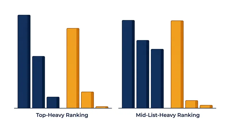 Algorithms optimized for NDCG can achieve high scores by padding the mid-list with mediocre results.