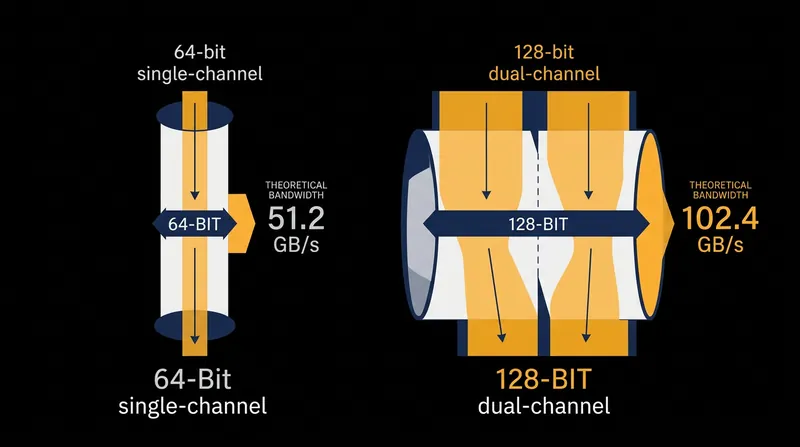 A 128-bit dual-channel layout doubles the data transfer rate compared to a 64-bit single-channel design.