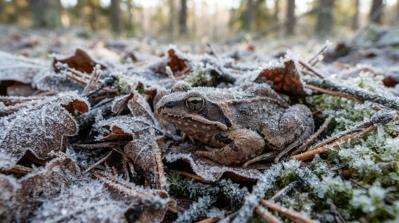 A wood frog resting on frozen leaf litter with ice crystals forming on its textured skin.
