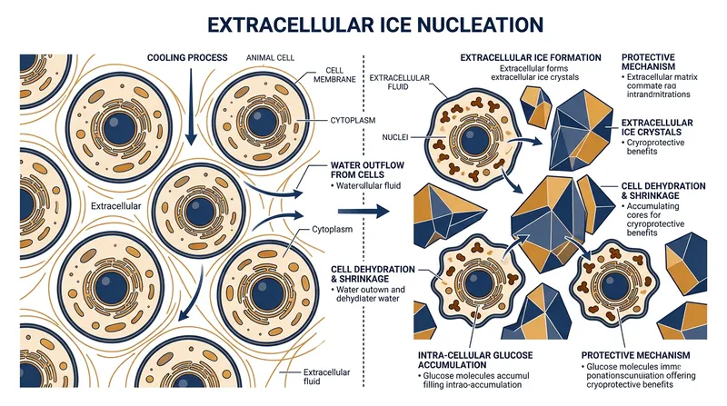 Extracellular ice nucleators force water to freeze outside the cells, preventing lethal membrane ruptures.