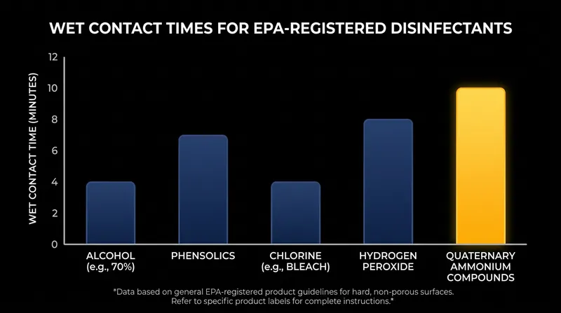 Regulatory testing standards require a 10-minute wet contact time to verify the efficacy of quat-based formulas.