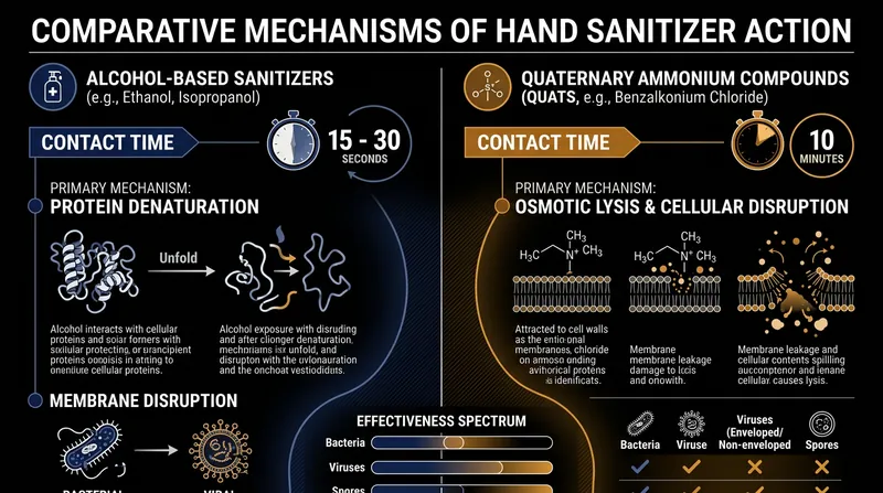 The biochemical mechanisms dictate the speed at which different sanitizers neutralize pathogens.