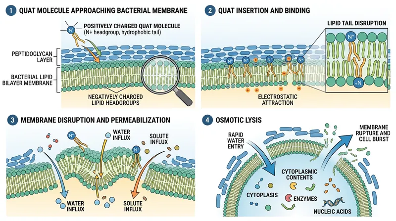Benzalkonium chloride molecules physically tear open bacterial cell walls by inserting themselves into the lipid bilayer.