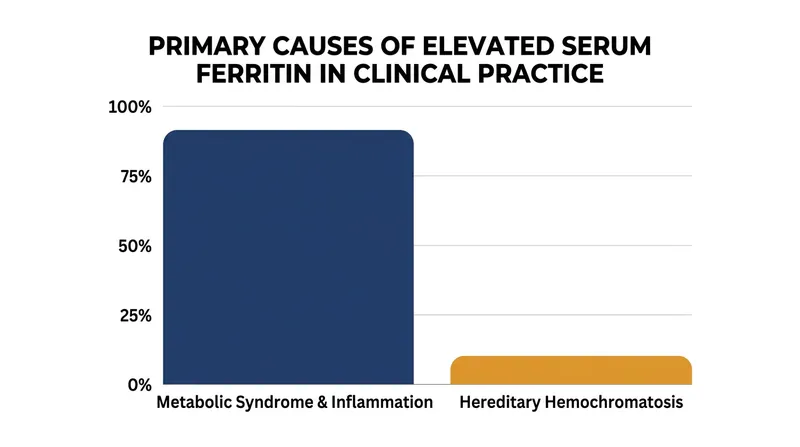 The vast majority of elevated ferritin cases stem from metabolic and inflammatory drivers rather than genetic iron overload.