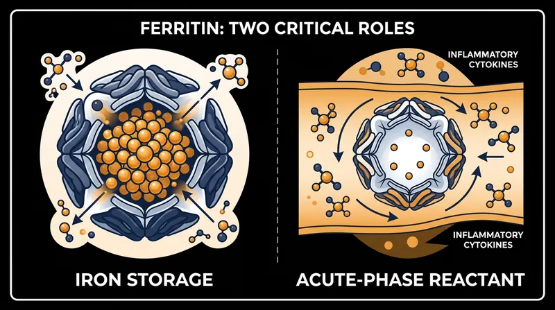 Ferritin stores iron inside cells, but the ferritin circulating in the bloodstream is often empty and released in response to inflammation.