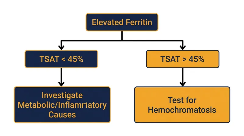 Transferrin saturation acts as the critical diagnostic gatekeeper to determine if high ferritin is actually caused by excess iron.
