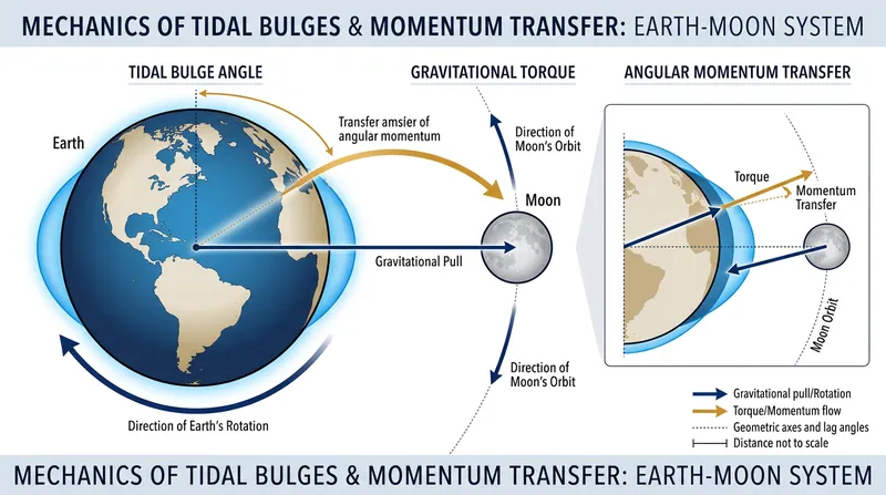 Because Earth rotates faster than the Moon orbits, the tidal bulge is dragged forward, exerting a gravitational pull that accelerates the Moon.