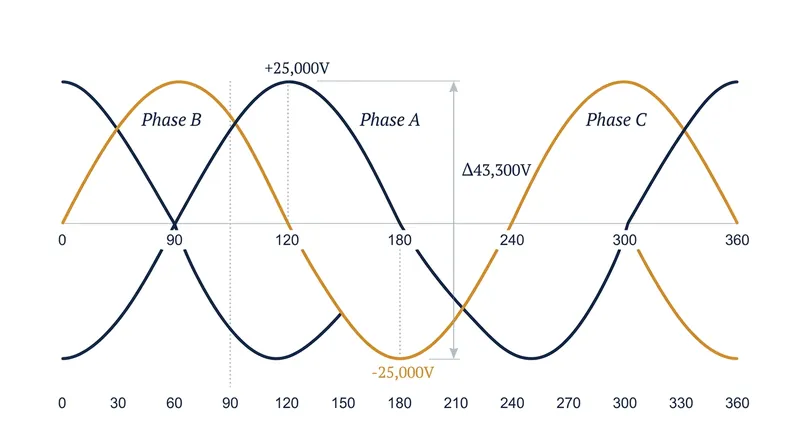 The 120-degree phase shift creates a 43,300-volt potential difference between adjacent sub-grids.