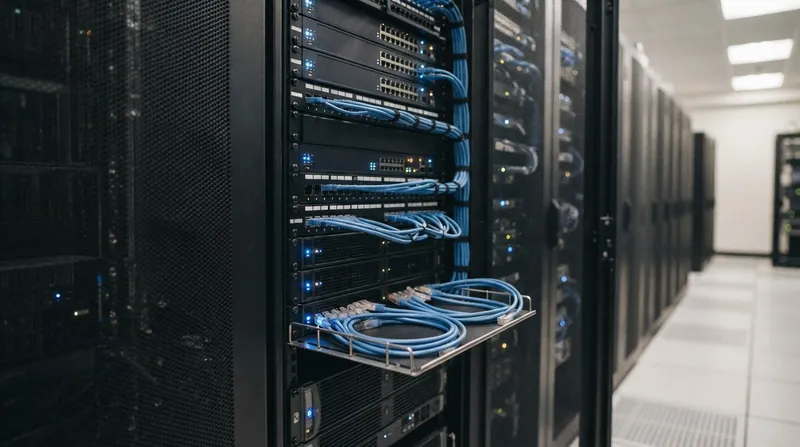 Rows of illuminated server racks in a dark data center, representing cloud infrastructure and data storage.
