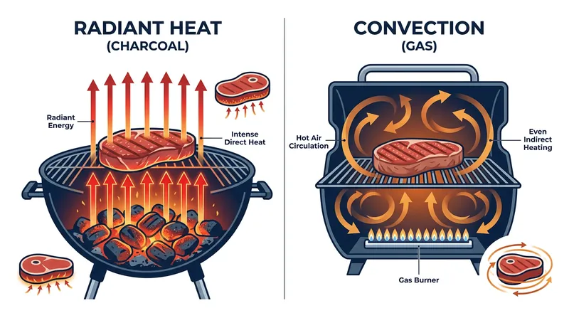 Radiant heat travels in straight lines, while convection relies on circulating hot air.