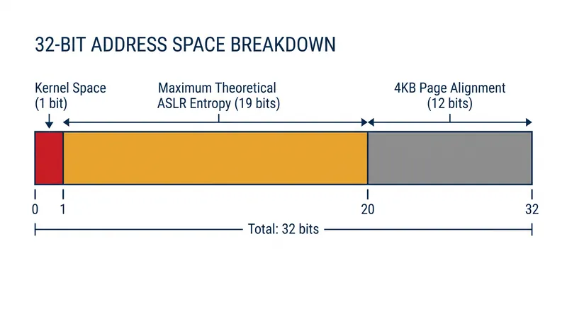 Hardware constraints and kernel reservations strip away 13 bits of potential entropy before randomization even begins.