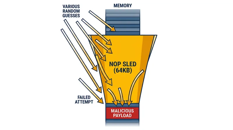 Attackers use NOP sleds to widen their target, drastically reducing the number of precise guesses required to bypass randomization.