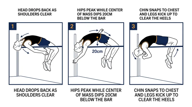 The timing of the head drop and the final leg kick dictates whether the athlete clears the bar or drags it down.