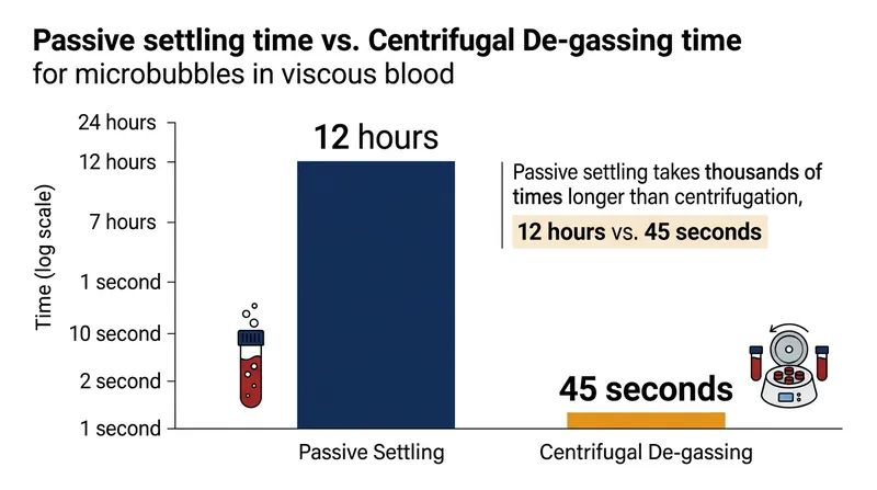 The high viscosity of whole blood renders passive bubble settling completely ineffective for diagnostic timelines.